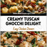 Creamy Tuscan chicken gnocchi served in a skillet with sun-dried tomatoes, spinach, and a rich sauce.